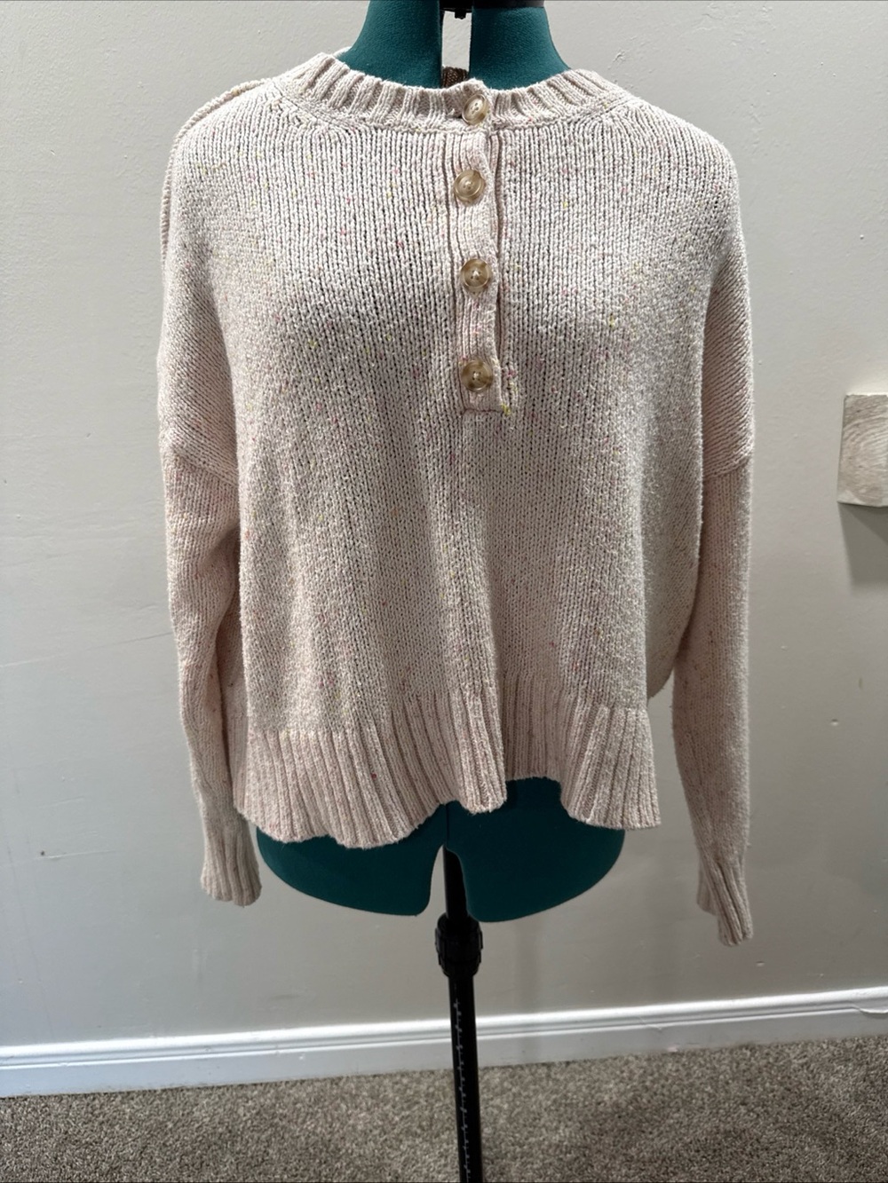 American Eagle Outfitters Cream Button-Front Knit Pullover